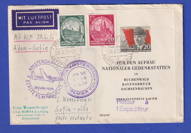 DDR 1956 Erstflugbrief KLM über Amsterdam nach Sofia, 29.6.56 mit u.a. Block 14