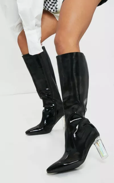 * Bnib 4 Plt Black Patent Pvc Knee Clear Perspex Heel Clubbing Nightclub Boots