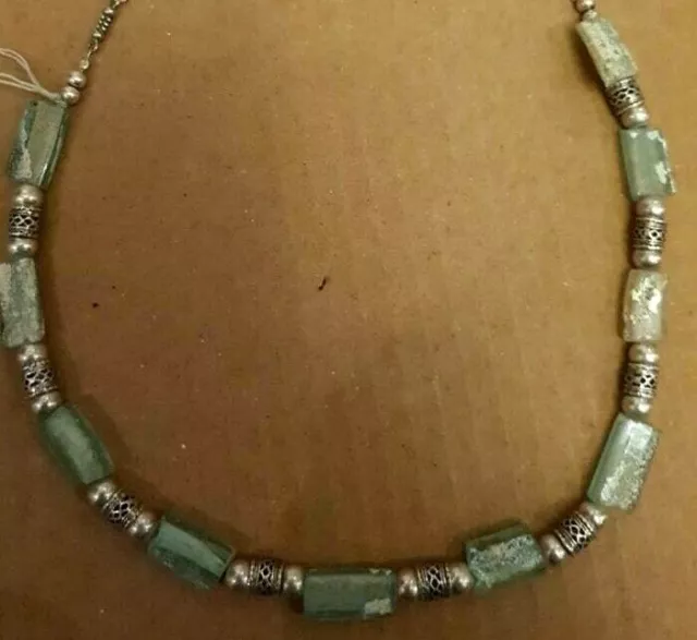 Rare Antique Roman Glass  Necklace Sterling Silver 925 Handmade 24 gram 2