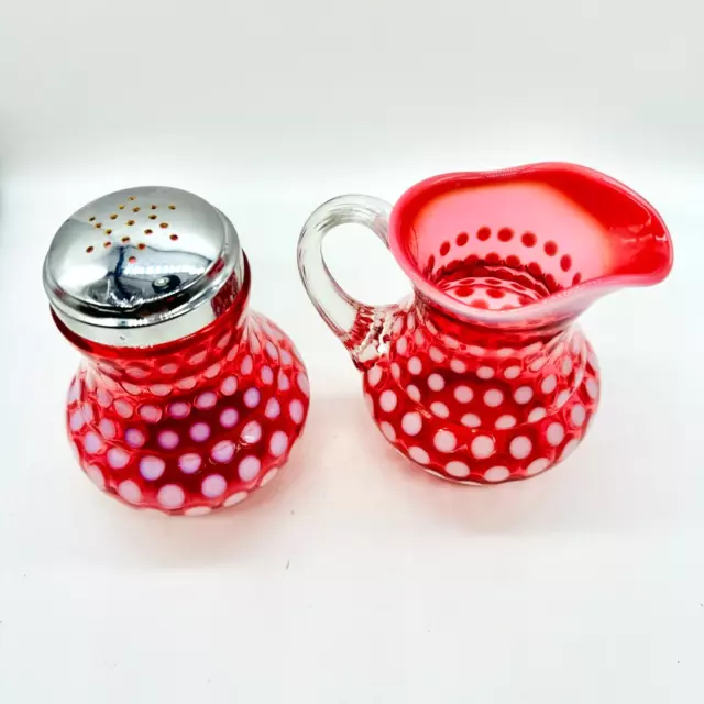 Fenton Glass Polka Dot Cranberry Opalescent Sugar Shaker & Creamer Set 2