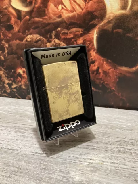 2021 Flat Bottom Brass Zippo W/New Gold Insert & Box Excellent Patina!!!