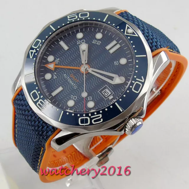 41mm GMT Saphirglas Automatisch Men's Watch BLIGER Blue Dial Datum Leuchtzeiger
