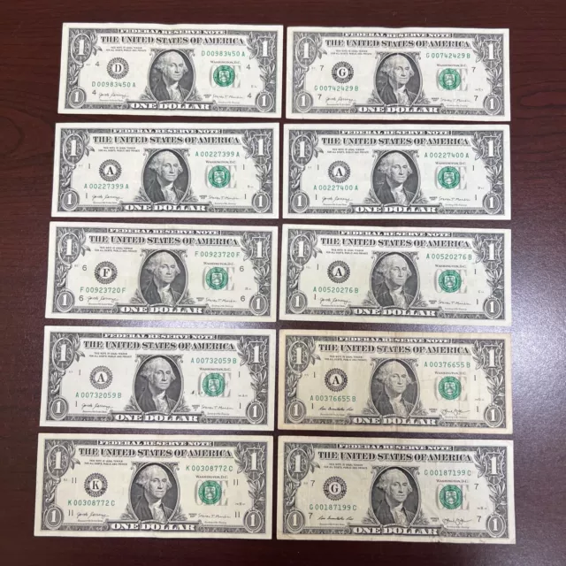 Lot of 10 Ten ~  $1 One Dollar ~  Fancy ~ Low Serial Numbers ~ Notes -  (lot #1)
