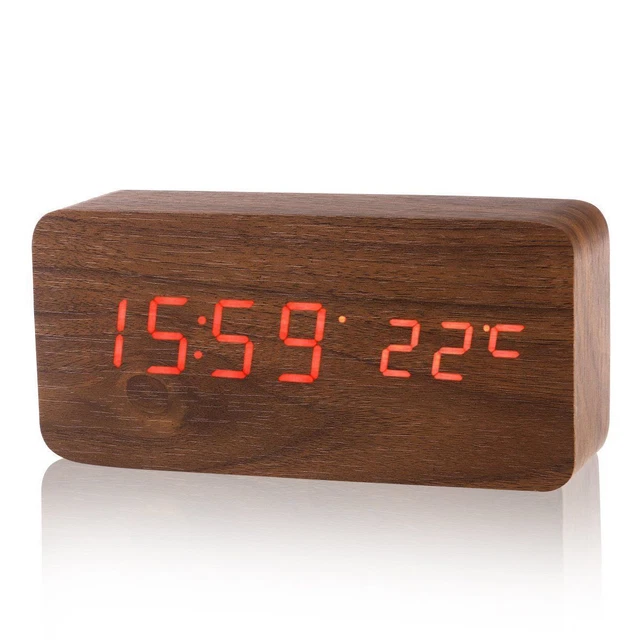 Sveglia Digitale In Legno Con LED – Ricaricabile USB, Termometro E Calendario – Per Camera Da Letto (Bamboo White)