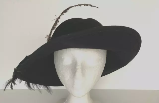 Vintage Black Feathered Hat with Sassy Upturned Brim Size M /56 cm /22" 2