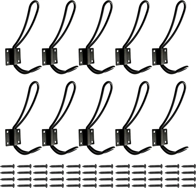 Rustic Entryway Hooks | 10 Pack of Black Wall Mounted Vintage Double Coat with