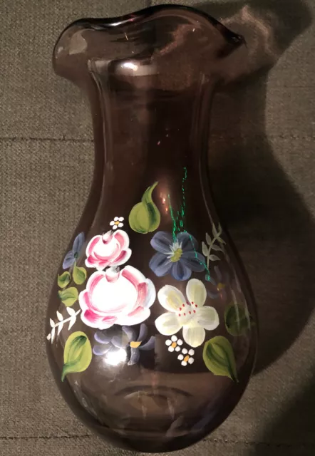 Vtg Fenton for Teleflora Amethyst Hand Blown Hand Painted Ruffle Top Vase 8"