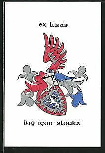Exlibris Ing. Igor Slouka, Wappen mit Ritterhelm und Flügel