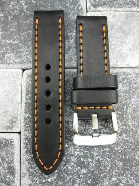 24mm NEW COW LEATHER STRAP Black Watch Band PAM 24 Tang Buckle CO