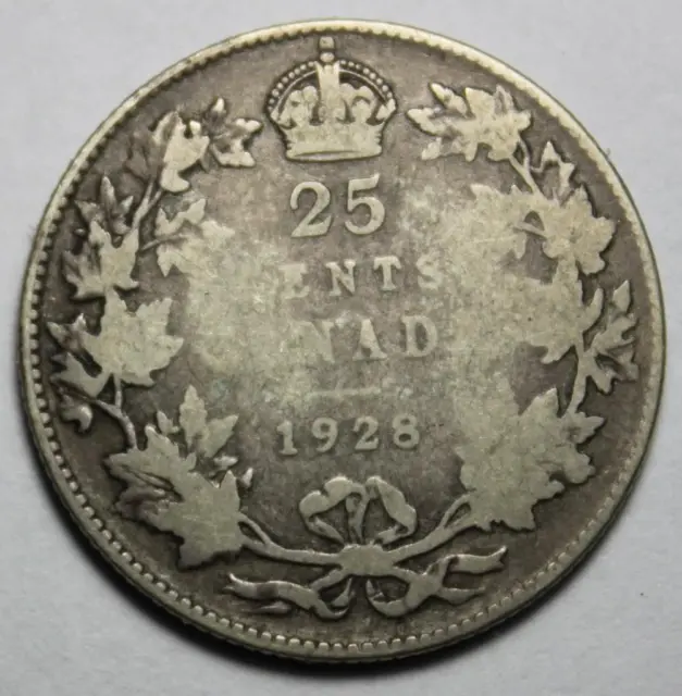 Canada 1928 Silver 25 Cents, Old Date KGV (6c)