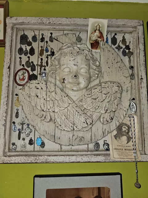 Vintage Wood Angle Cherub Wall Art With Religious Medals Crucifixs Art Oddities