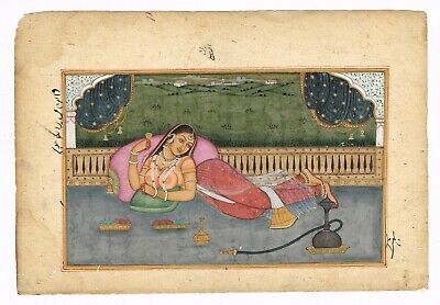 Indian Miniature Painting Of Mughal Empress Enjoying Wine With Hookah in Balcony