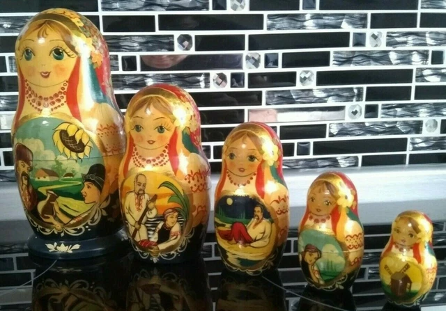 Matroschka  Matrjoschka  Babuschka Ukraine 5 teilig  Holz Handarbeit 16,5 - 5 cm