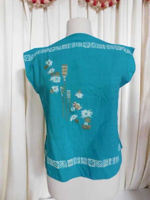 Vintage 80's Hawaiian Barkcloth Green Sleeveless Crop Top Shirt Bust 40"