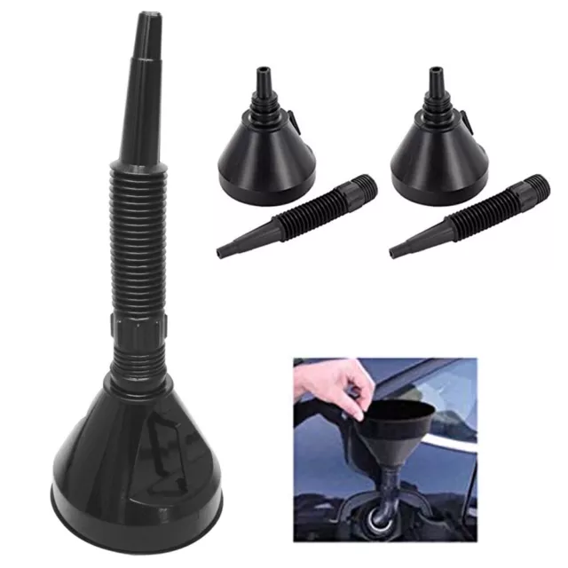 2 Sets Fuel Funnels Car Auto Black Plastic Flexible Spout Filter Gas Oil Water