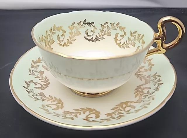 Royal Grafton Tea Cup & Saucer Green Gold Leaf Bone China England Vintage