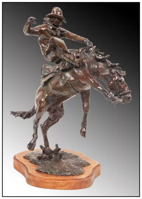 Daro Flut Western Messingskulptur Voll Rund Signiert Blind Buck Cowboy Pferd