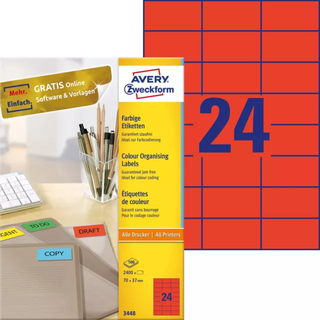 Avery Zweckform Universal Labels 70 x 37 mm for All A4 Printing red red 2400