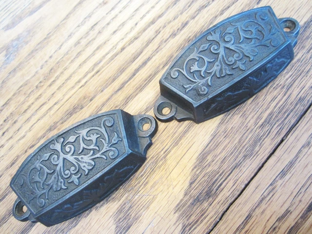 MINT Pair Eastlake Cast Iron Printer Type Cabinet Drawer Handles Pulls Victorian