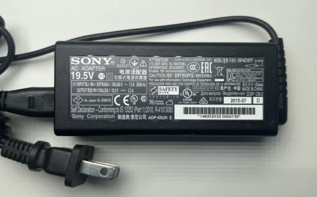 Genuine 65W Sony Adapter Charger VGP-AC19V43 VGP-AC19V76 VGP-AC19V77 W/Cord OEM 3