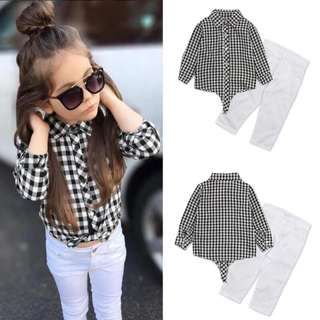 Toddler Kids Baby Girls Clothes Plaid shirt Tops + Pants 2PCS Casual Outfits Set