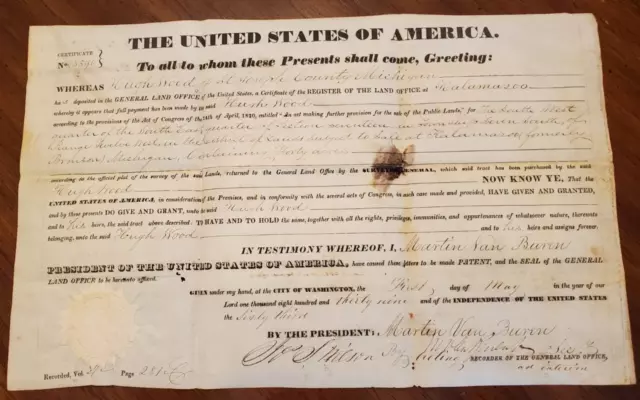 1839 Kalamazoo Michigan Land Grant 40 Acres Signed by Martin Van Buren with Seal