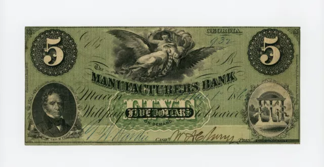 1862 $5 The Manufacturers Bank - Macon, GEORGIA Note CIVIL WAR Era