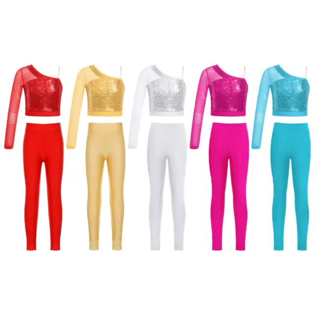 Kids Girls Crop Top With Leggings Cycling 2Pcs Outfit Performance Sequins Mesh