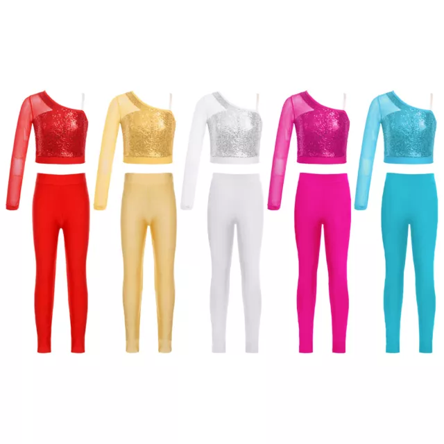 Kids Girls Crop Top With Leggings Cycling 2Pcs Outfit Performance Sequins Mesh