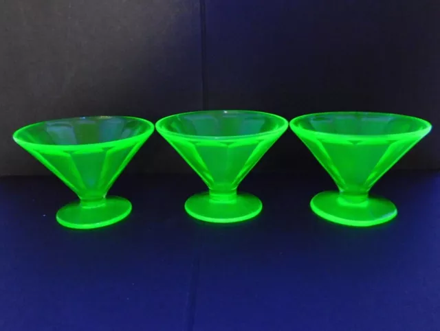 Lot of 3 Federal Glass Uranium Green Sherbet Pedestal Footed Dishes GUC 2.75"