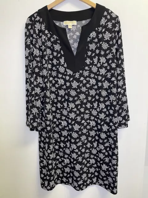 Michael Kors Black White Floral Dress Size XL 3/4 Sleeve Jersey Stretch V-neck