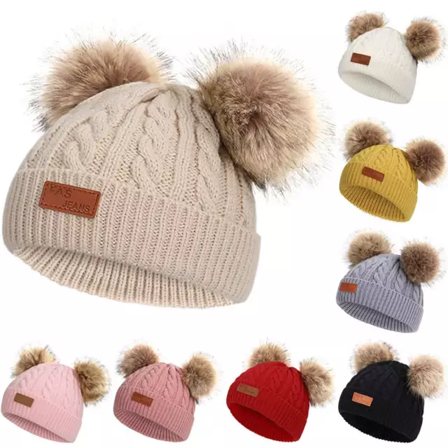 Kids Infant Baby Boys Girls Beanie Cap Winter Warm Double Pom Bobble Knitted Hat