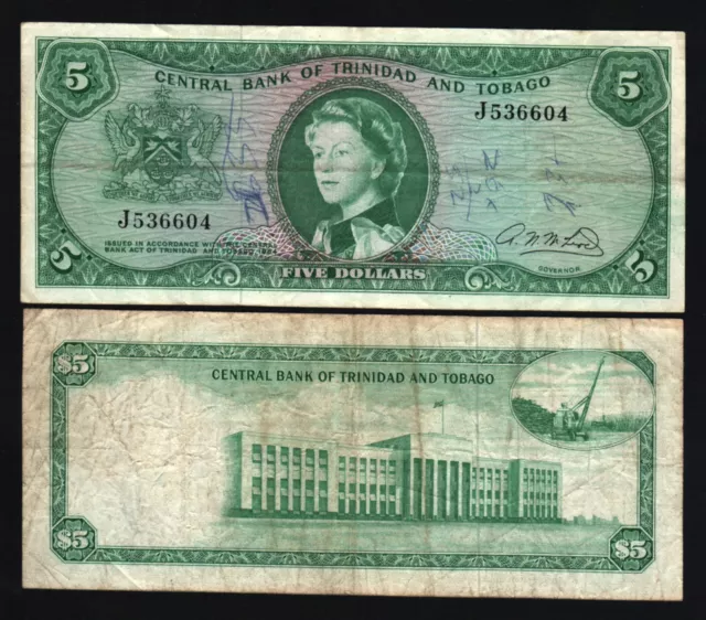 Trinidad & Tobago 5 Dollars P27 B 1964 Queen Bird Crane Single Prefix Money Note