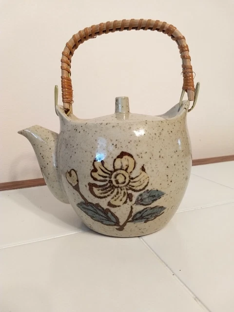 Vintage Stoneware Teapot Hand Crafted Ceramic Wicker Handle Brown Speckled Japan