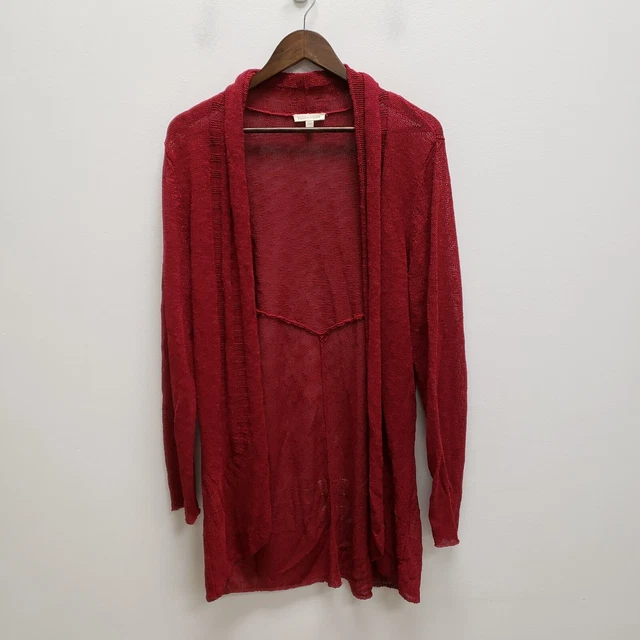 Eileen Fisher Womens Linen Blend Cardigan Sweater Size L Open Front Knit Red