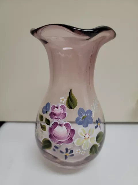 Fenton Teleflora Vase 8 Inch Ruffled Purple Amethyst Glass Hand Painted Flowers
