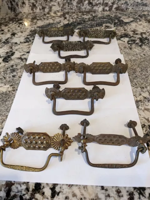 Antique Victorian Eastlake Brass Bail Pulls, Two Sets Of 3 And One Set Of 2