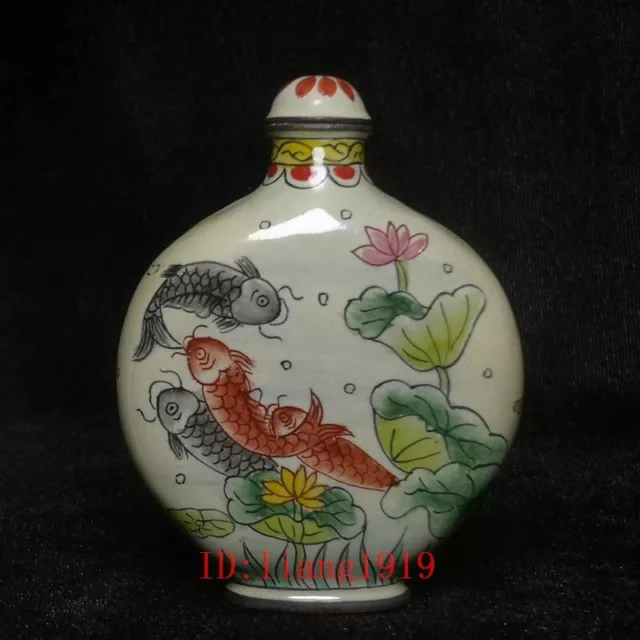 Wonderful Collection Old China Cloisonne Painting Lovely Fish Lotus Snuff Bottle