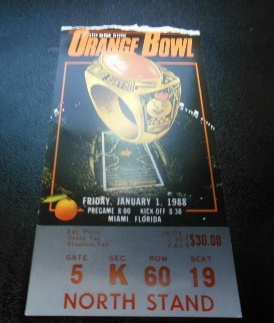 1988 Orange Bowl Ticket Stub Miami Florida Ncaa Football Oklahoma Vs Miami