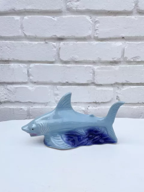 Vintage Glazed Ceramic Great White Shark Blue Figurine Made in Brazil 8.5” x 5”