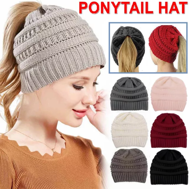 Women Ponytail Cap Beanie Skull Cap Winter Warm Stretch Cable Knit High Bun Hat