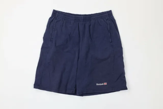Vintage 90s Reebok Mens Large Faded Spell Out Above Knee Cotton Dad Shorts Navy