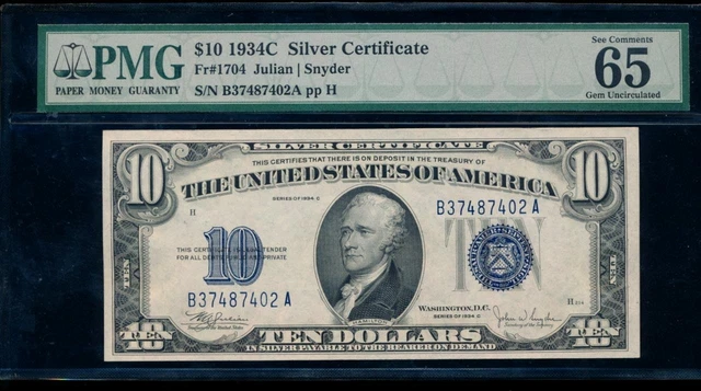 AC Fr 1704 1934C $10 Silver Certificate PMG 65 EPQ  Gem !!!