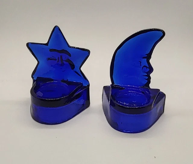 Vintage Cobalt Blue Glass Star And Moon Tea Candle Holders