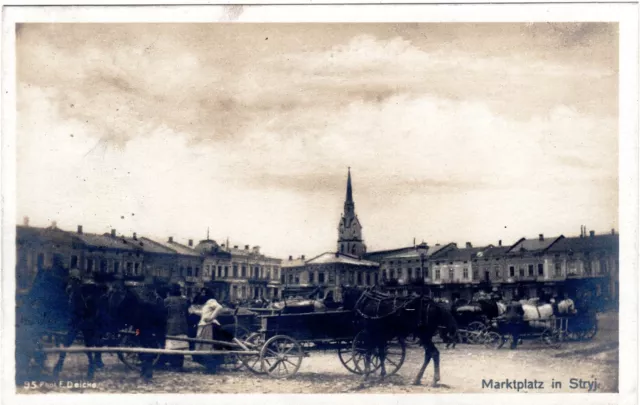 Photo postcard Stryj marketplace Poland 1917 field post WW1 field artill battr. 831 Military