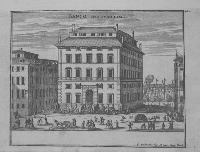 1720 Stoccolma Banca Banco Sweden Vista View Bodenehr Incisione Engraving