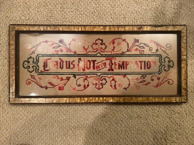 Antique Victorian Paper Punch Sampler Motto "Lead Us Not Into Temptation”