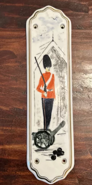 Antique Hand Painted Porcelain Door Push Plate; British Grenadier Guard 11”x3”