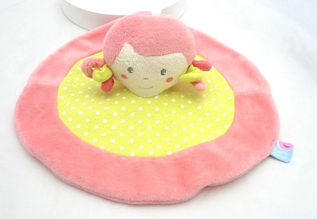 Sucre d'Orge doudou rond poupée plat velours rose et tissu vert à pois 23cm