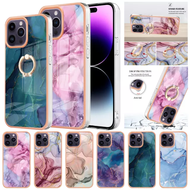 Marble Textured Case Ring Stand Phone Cover For Apple iPhone 14 Pro Max 13 12 11